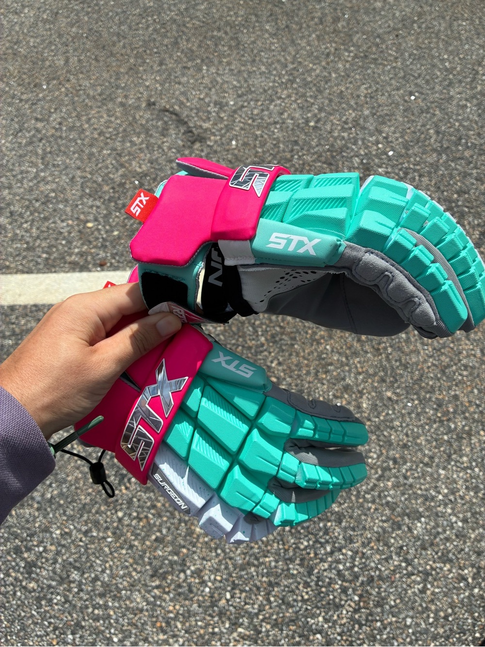 STX Men's surgeon Lacrosse Gloves in Pink and Teal - 2026 color